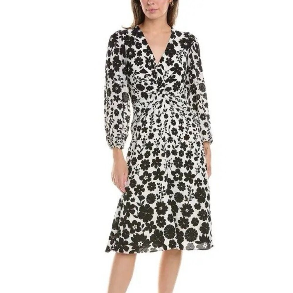 MAGGY LONDON Size 0 Black And White Floral Twist Front Midi Dress NWT - Picture 2 of 14